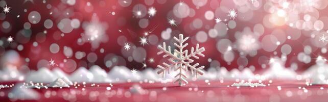 Delicate Snowflakes Falling Against a Soft Red Background During Winter Evening photo