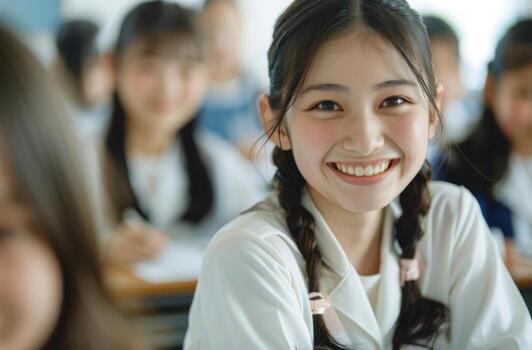 Smiling Student in Classroom During Morning Session With Peers in Background photo