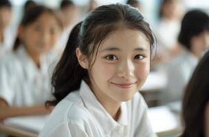 Smiling Student in Classroom During Morning Session With Peers in Background photo