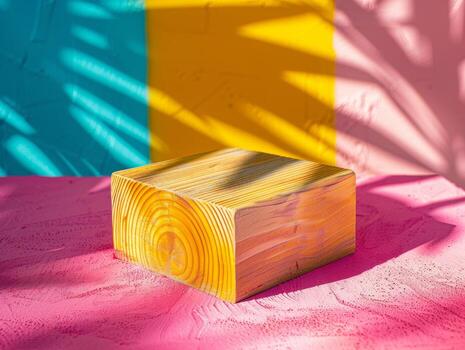 Wooden cube on colorful background with shadow. photo