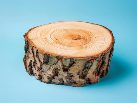 Wooden Tree Slice on Blue Background. photo