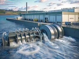 Hydroelectric dam generating clean energy with water turbines. photo