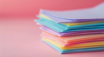 Colorful Stack of Paper Sheets on a Pink Background photo