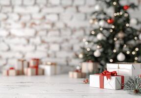 Christmas Tree With Presents in a Rustic White Brick Room photo