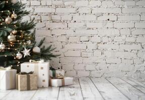 Christmas Tree With Presents in a Rustic White Brick Room photo