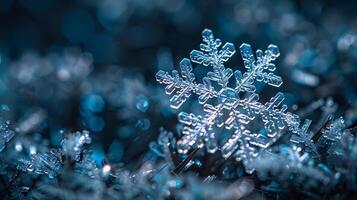 Extreme Macro Shot Of A Snowflake On Dark Background Displaying Intricate Crystal Details photo