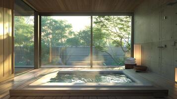 Modern bathroom with a large window overlooking a lush garden. photo