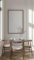 Minimalist dining area with wooden table, chairs, and a mirror on the wall. photo