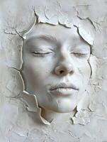 Abstract portrait of a woman's face sculpted in white, with cracked and broken textures. photo