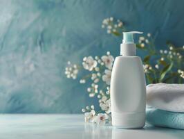 White pump bottle of lotion with towel and white flowers on blue background photo