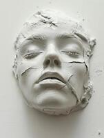 Close-up of a white plaster sculpture of a woman's face with cracks. photo