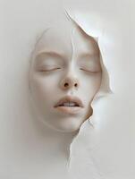 A woman's face emerges from a white, cracked surface, symbolizing emergence and transformation. photo