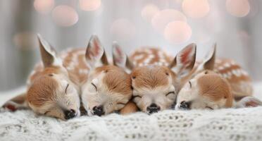 Four Sleeping Fawns Nestled Together in Soft Blanket With Blurry Lights Background photo