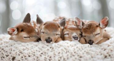 Four Sleeping Fawns Nestled Together in Soft Blanket With Blurry Lights Background photo