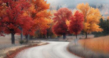Autumn Pathway Lined With Colorful Trees in Misty Morning Light photo