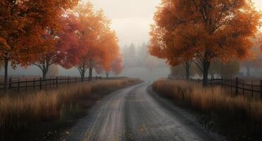 Autumn Pathway Lined With Colorful Trees in Misty Morning Light photo
