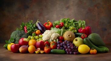 Colorful Display of Fresh Fruits and Vegetables on Rustic Surface photo