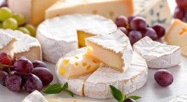 Gourmet Cheese Selection With Grapes and Fresh Mint on White Background photo