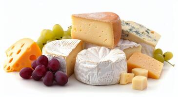Gourmet Cheese Selection With Grapes and Fresh Mint on White Background photo