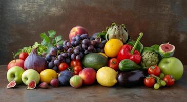Colorful Display of Fresh Fruits and Vegetables on Rustic Surface photo