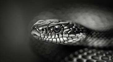 Close-Up View of a Snake's Head With Detailed Scales in Monochrome photo