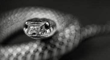 Close-Up View of a Snake's Head With Detailed Scales in Monochrome photo