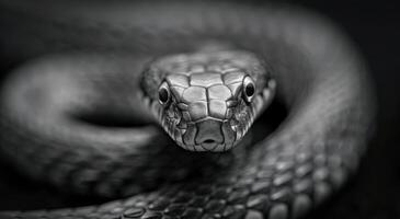 Close-Up View of a Snake's Head With Detailed Scales in Monochrome photo