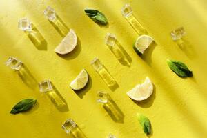 Mint leaves and ice cubes on table photo