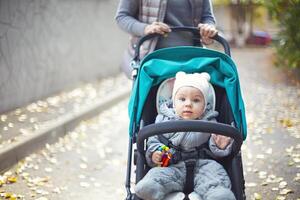 Young blond woman with stroller going for a walk in a park photo
