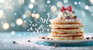 Decadent Pancake Stack Topped With Whipped Cream and Chocolate Chips in Winter Wonderland photo