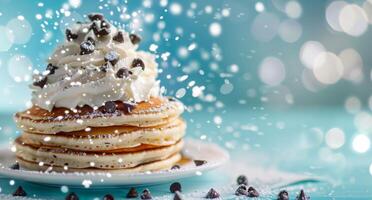 Decadent Pancake Stack Topped With Whipped Cream and Chocolate Chips in Winter Wonderland photo