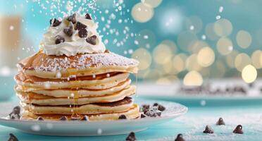 Decadent Pancake Stack Topped With Whipped Cream and Chocolate Chips in Winter Wonderland photo