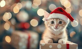 Kitten in Santa Hat With Holiday Lights in Background During Christmas Season photo