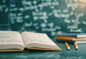 Open Book On Stack Of Textbooks With Chalkboard Background And Blurred Lights photo