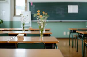 Empty Classroom With Desks and Chalkboard During Daylight photo