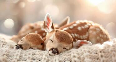 Fawns Sleeping Peacefully on Cozy Blanket in Soft Morning Light photo
