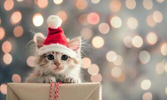 Kitten in Santa Hat With Holiday Lights in Background During Christmas Season photo