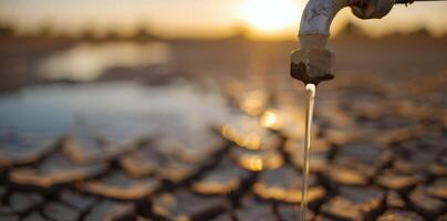 Water Dripping From Tap Amidst Cracked Ground at Sunset photo