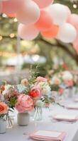 Elegant Floral Centerpieces at Outdoor Celebration With Balloons photo