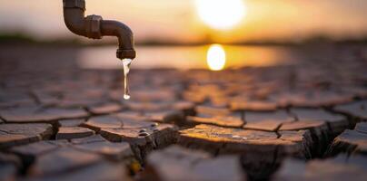 Water Dripping From Tap Amidst Cracked Ground at Sunset photo