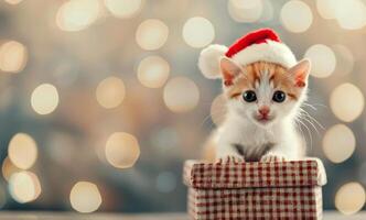 Kitten in Santa Hat With Holiday Lights in Background During Christmas Season photo