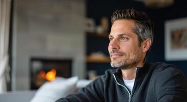 Cozy Indoor Moment With a Man Relaxing by the Fireplace in a Modern Living Room photo