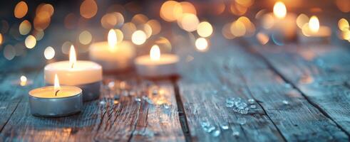 Warm Candlelight Glow On Rustic Wooden Surface At Evening Gathering photo