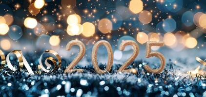 New Year Celebration Decorations With Sparking 2025 Numbers and Glittering Ornaments photo
