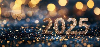 New Year Celebration 2025 With Sparkling Lights and Glittering Background photo