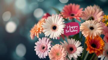 Colorful Flower Arrangement With Birthday Wishes in Celebration Setting photo