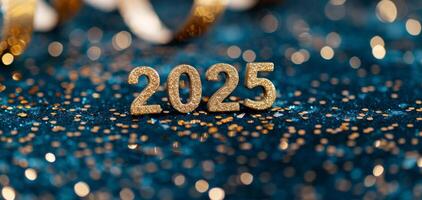 New Year Celebration 2025 With Sparkling Lights and Glittering Background photo