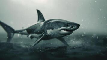 Great White Shark Swimming in Underwater Grass at Dusk photo