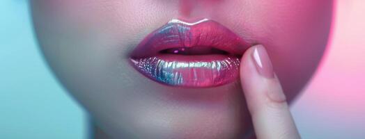 Close-Up of Pink and Silver Lips With Finger photo