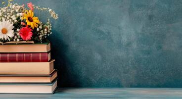Flowers and Books on Teal Background photo